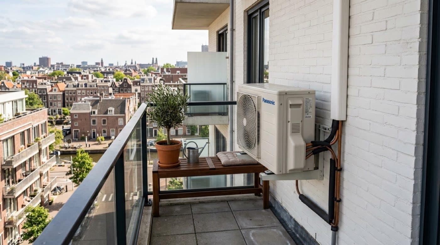 Balkon van een appartement met een nette airco-buitenunit