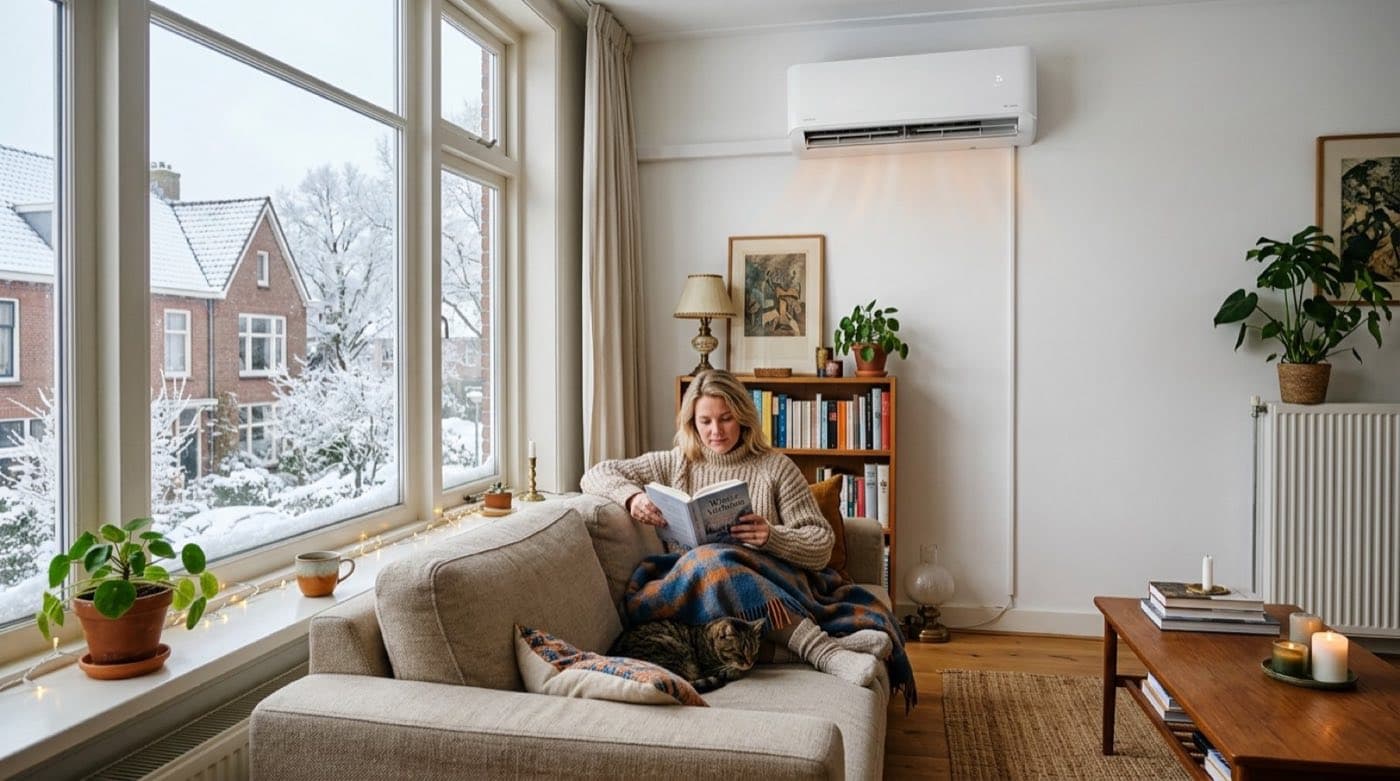 Warme woonkamer met een split-airco die verwarmt in de winter