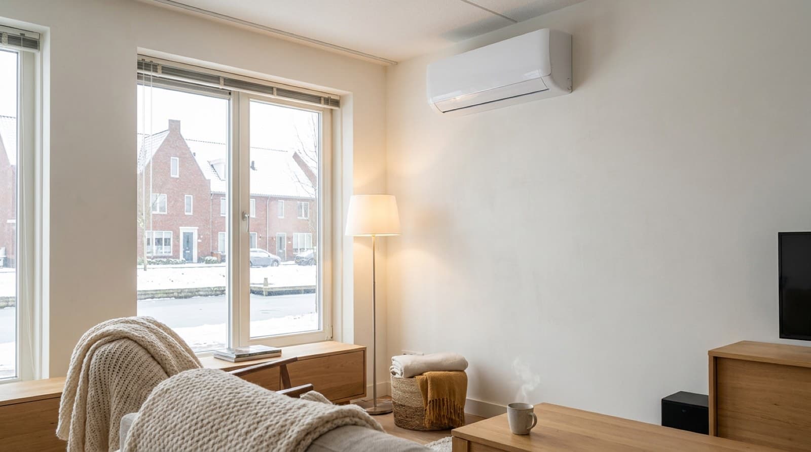 Split-airco die een woonkamer verwarmt in de winter