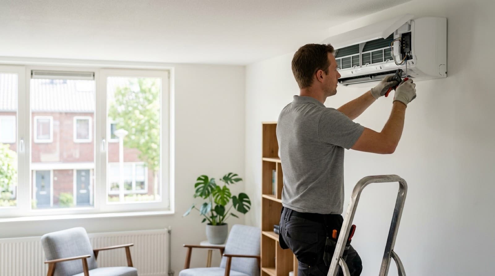 Gecertificeerde monteur sluit een split-airco aan