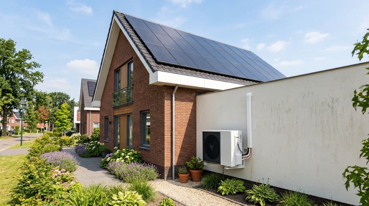 Zonnepanelen op een Nederlands dak met een airco-buitenunit