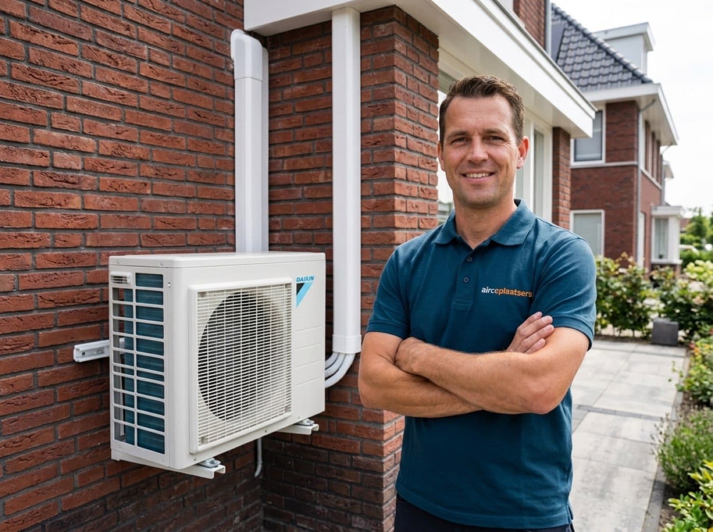 Eigenaar Bas van Aircoplaatsers bij een net opgeleverde buitenunit aan een woning