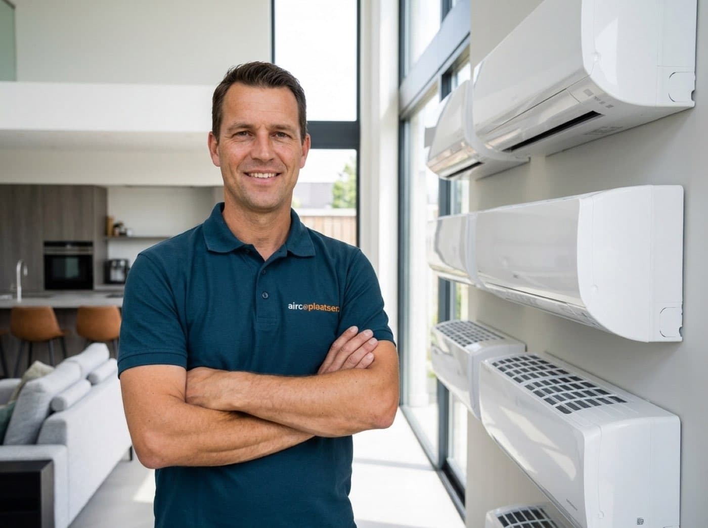Eigenaar Bas van Aircoplaatsers bij een wand met verschillende split-airco's