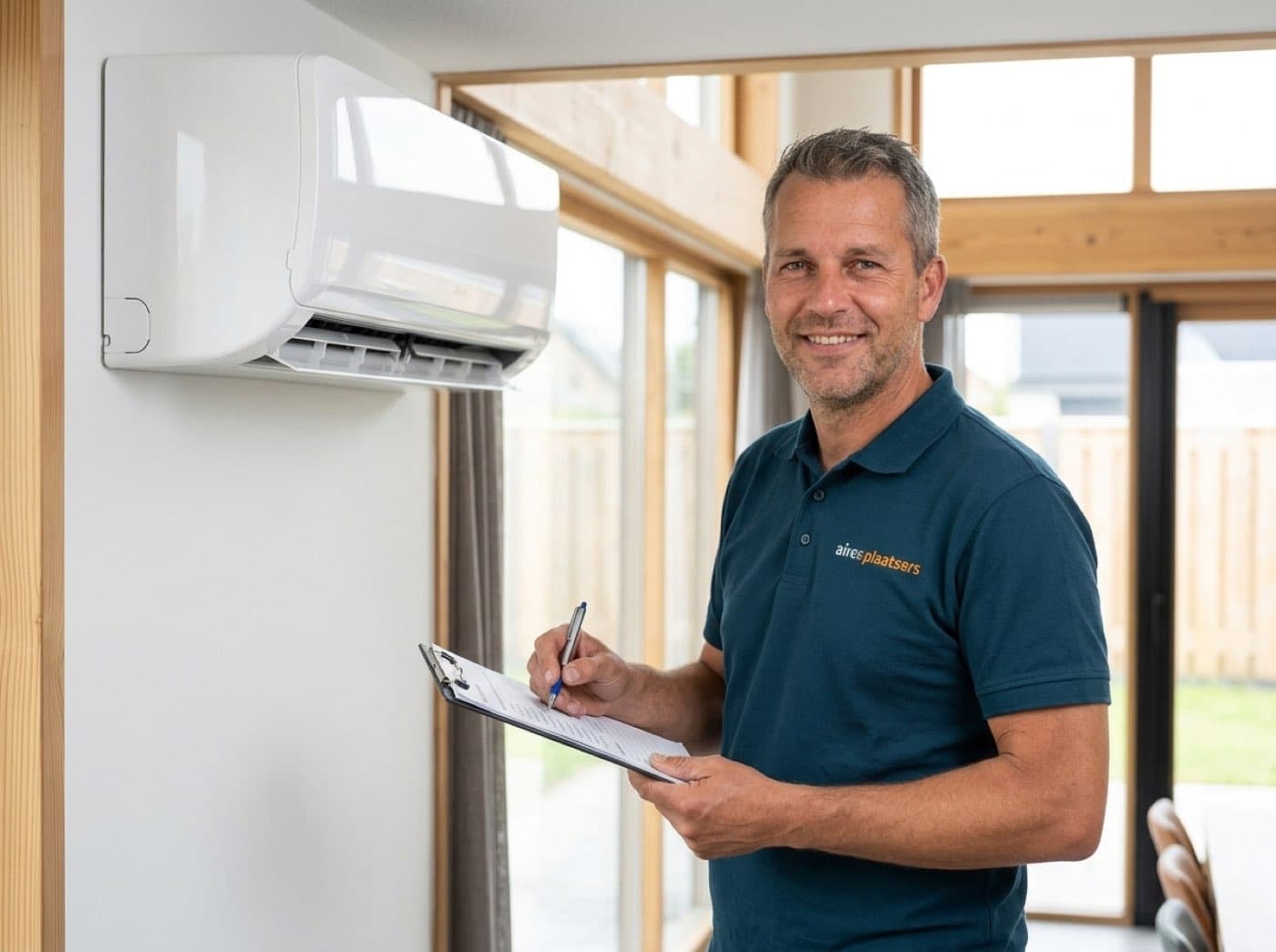 Servicemonteur Jeroen van Aircoplaatsers loopt een checklist na bij een geplaatste airco