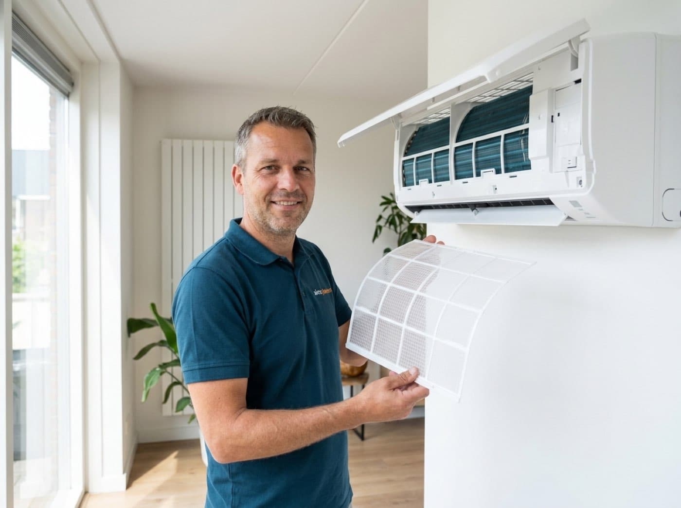 Servicemonteur Jeroen van Aircoplaatsers reinigt de filter van een airco tijdens onderhoud