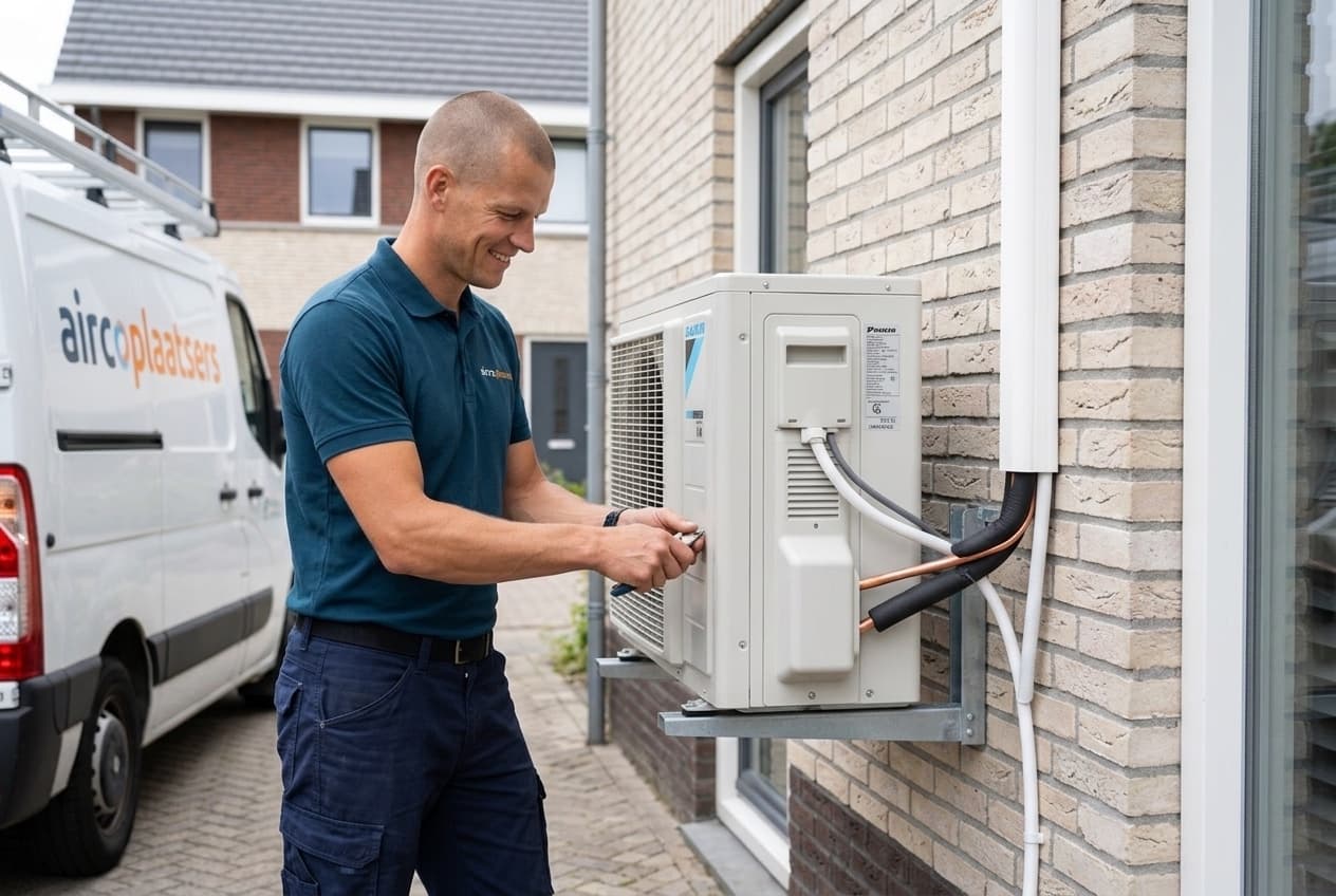 Monteur Rick van Aircoplaatsers monteert een buitenunit, bij een woning in Den Bosch