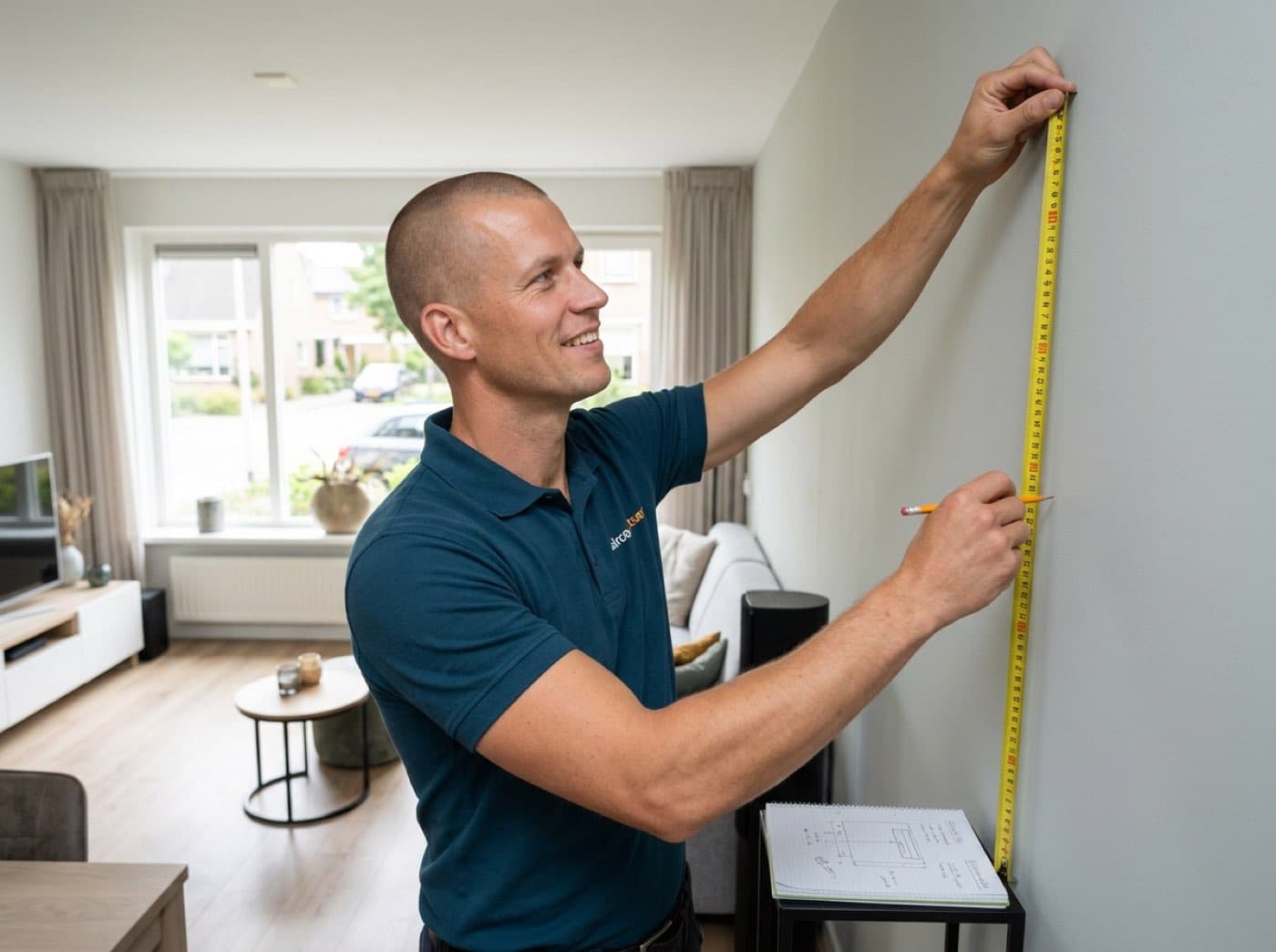 Monteur Rick van Aircoplaatsers meet een woonkamer in voor het juiste aircovermogen