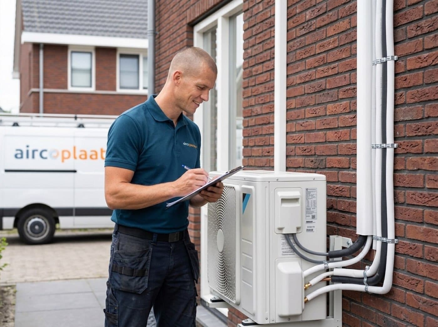 Monteur Rick van Aircoplaatsers bij een multi-split buitenunit met meerdere leidingen