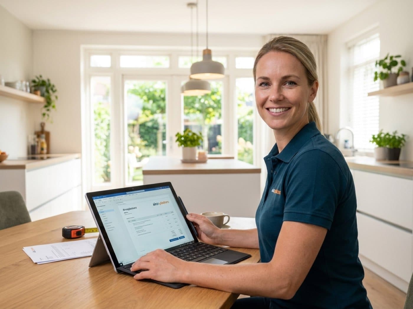 Sanne van Aircoplaatsers maakt een offerte klaar op een tablet