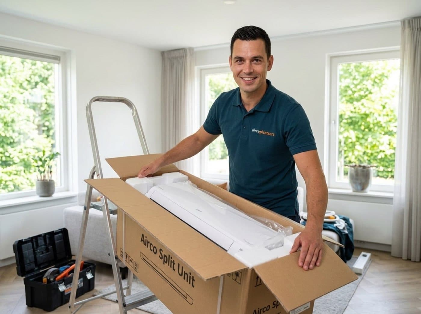 Monteur Tom van Aircoplaatsers pakt een nieuwe split-airco uit voor installatie