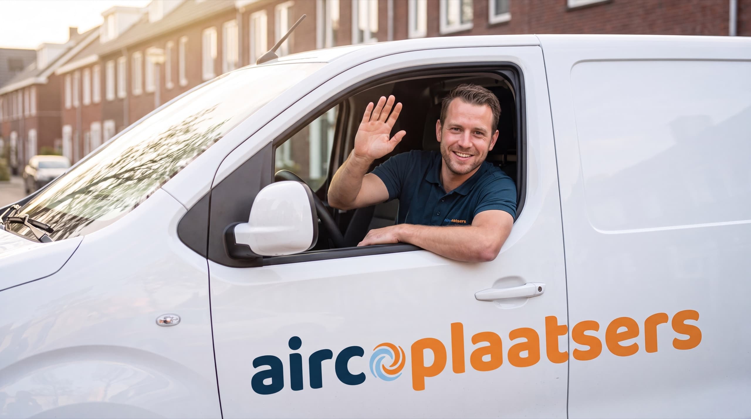 Monteur van Aircoplaatsers zwaait vanuit de bus met het logo op de deur