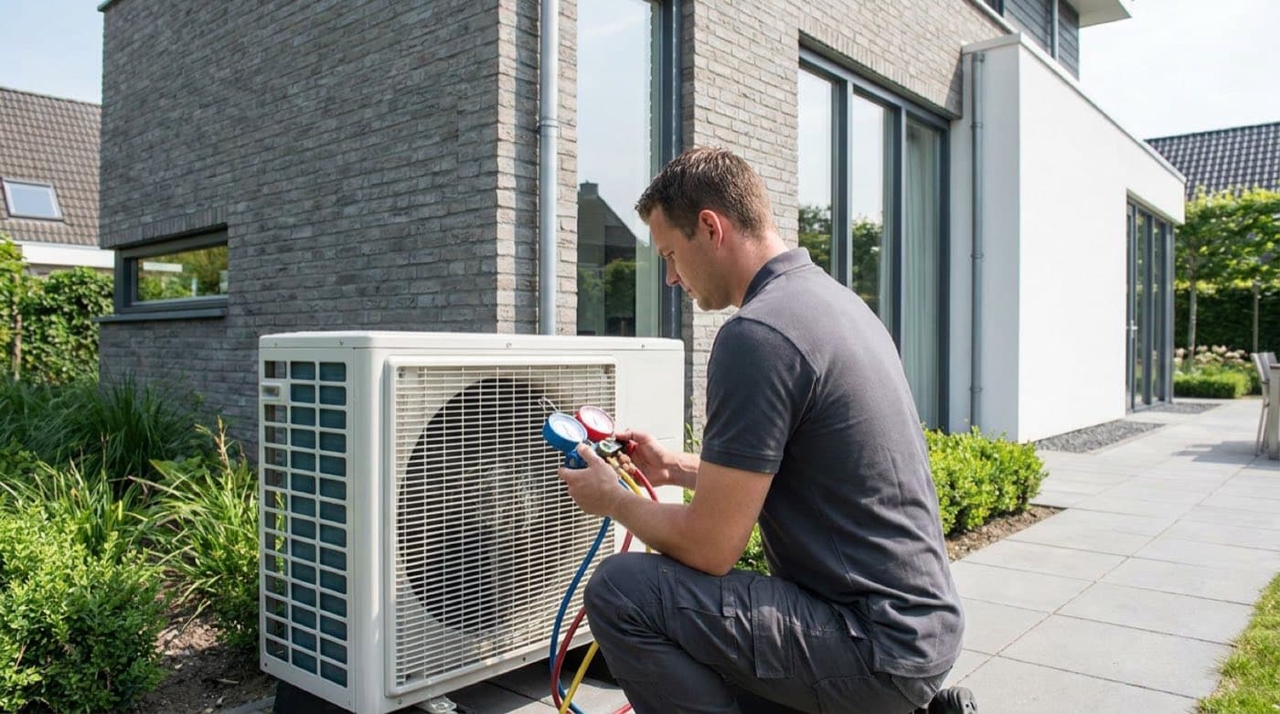 Monteur vult een airco bij met een manometerset bij een buitenunit