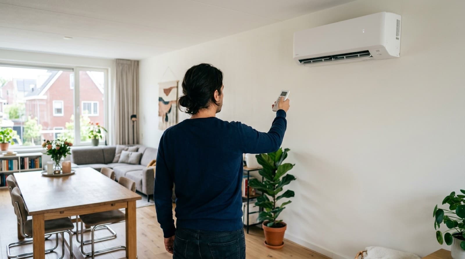 Iemand controleert de afstandsbediening van een airco die niet koelt