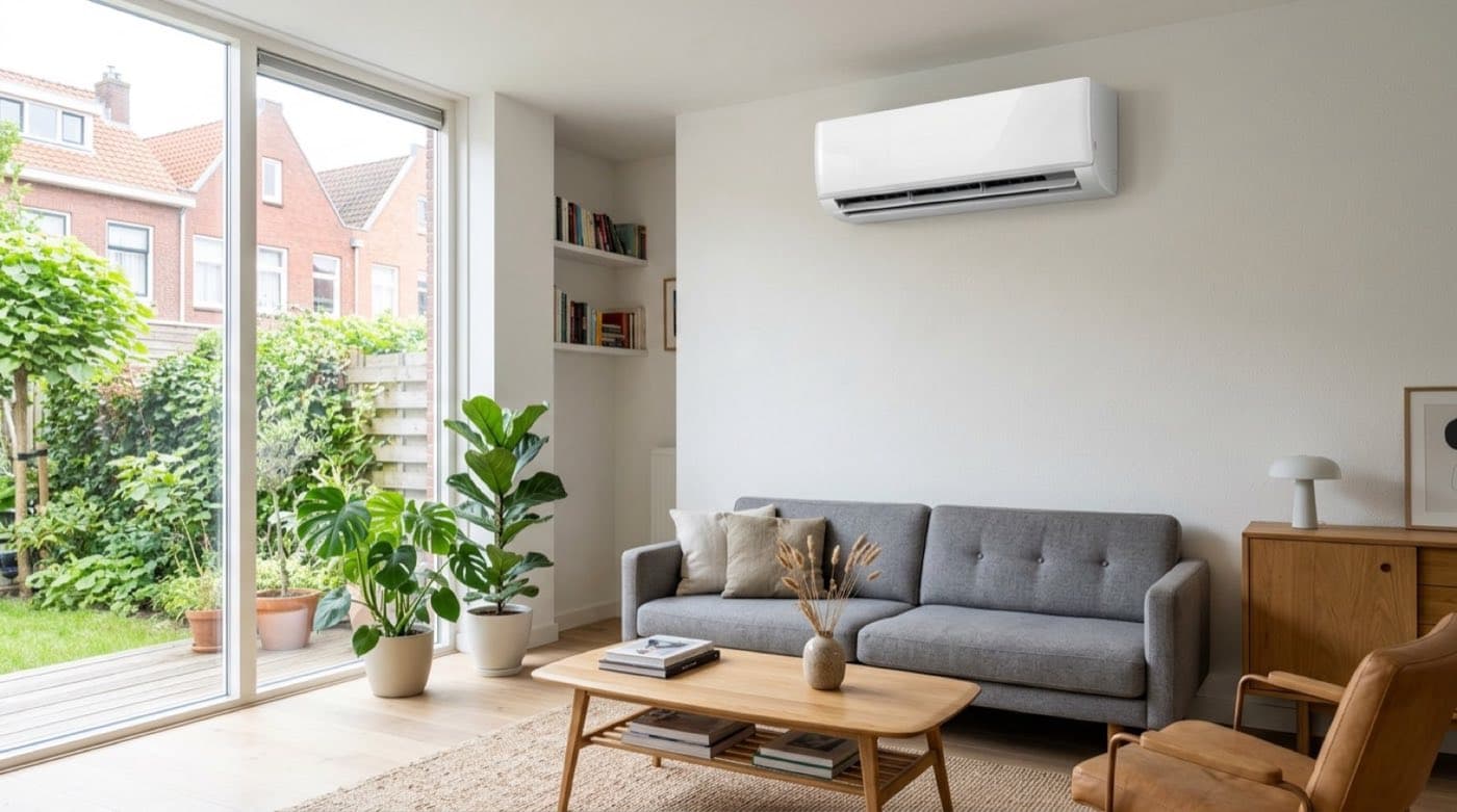 Strakke split-airco in een moderne woonkamer