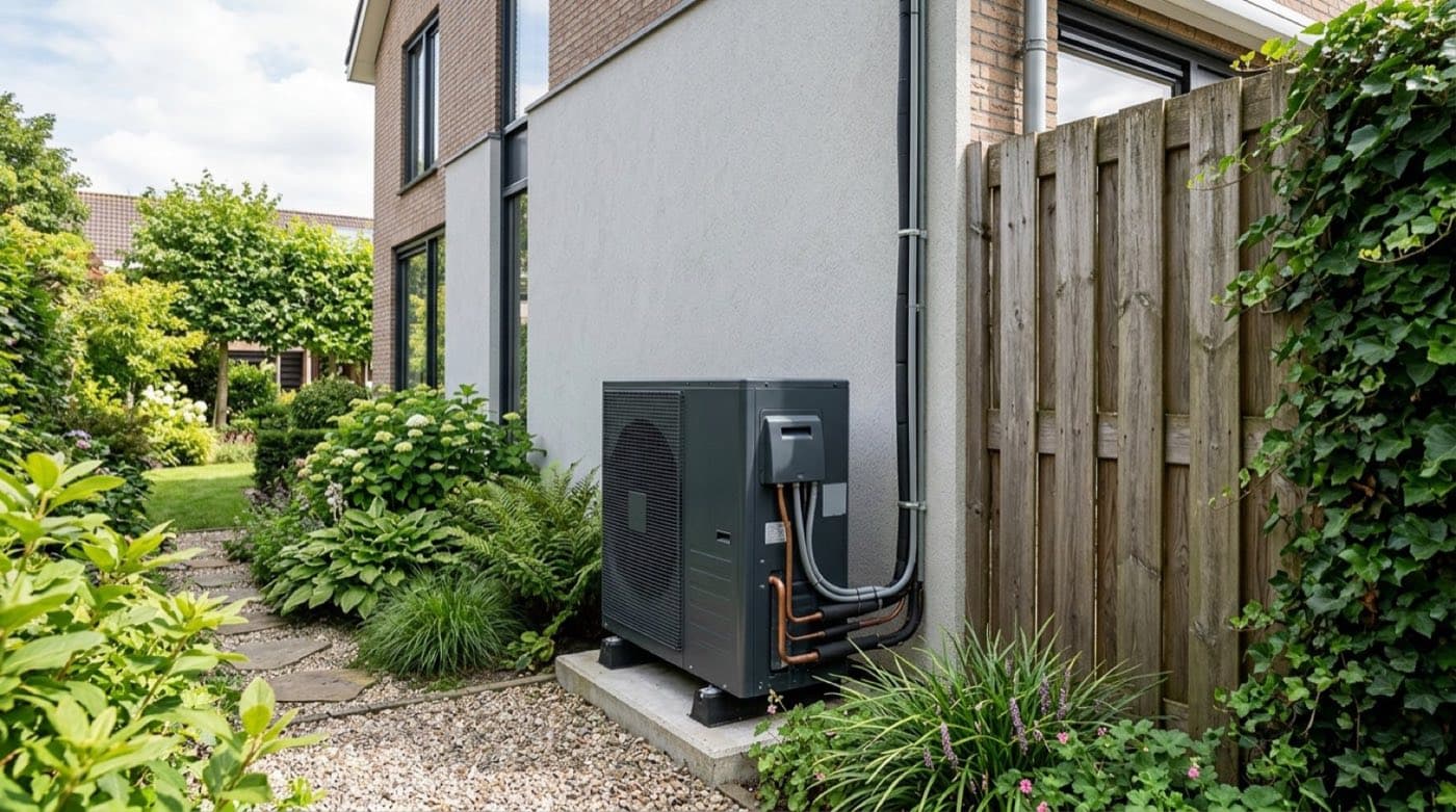 Airco-buitenunit netjes geplaatst bij een erfgrens met schutting