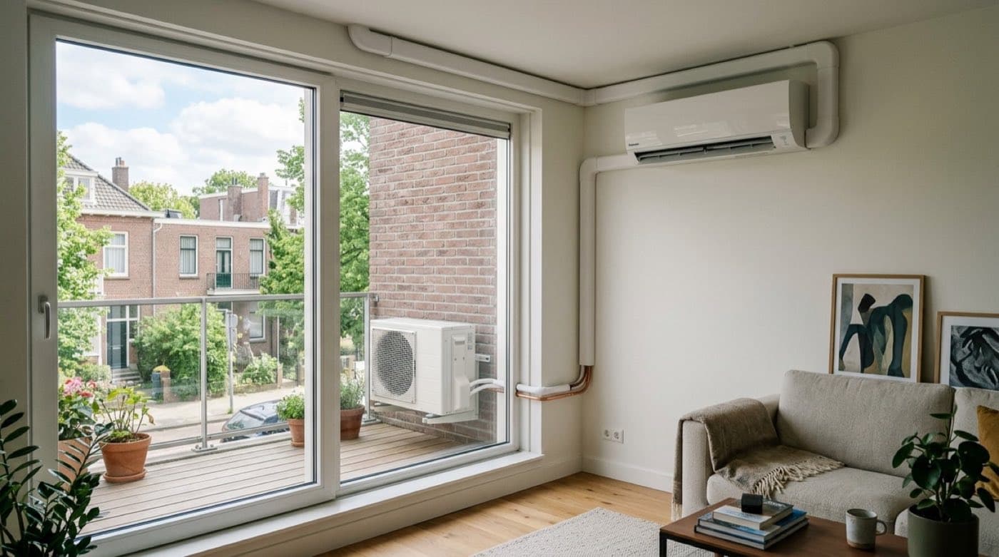 Doorsnede-illustratie van een split-airco die koelt en verwarmt