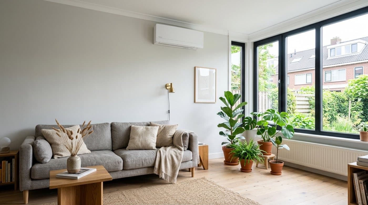 Moderne split-airco hoog aan de wand in een lichte Nederlandse woonkamer