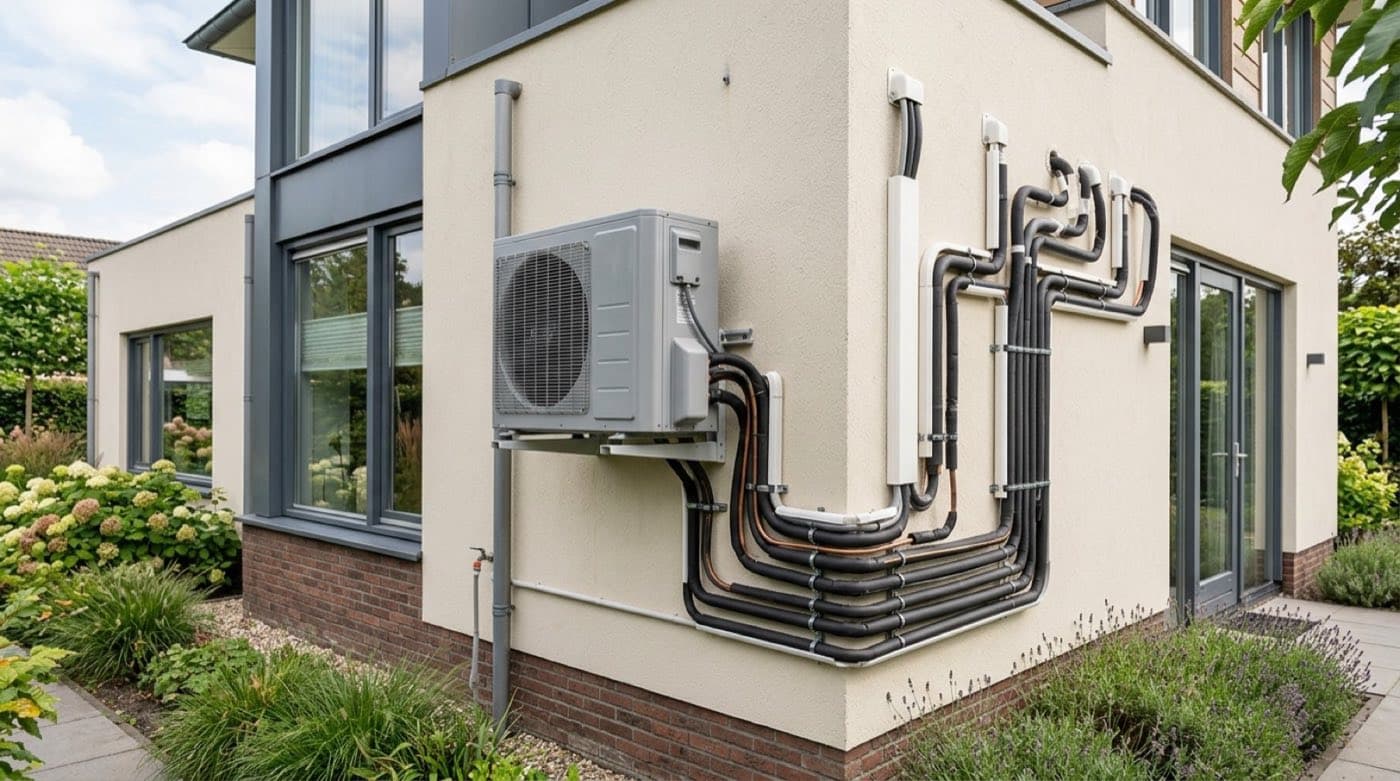 Eén airco-buitenunit met leidingen naar meerdere binnenunits