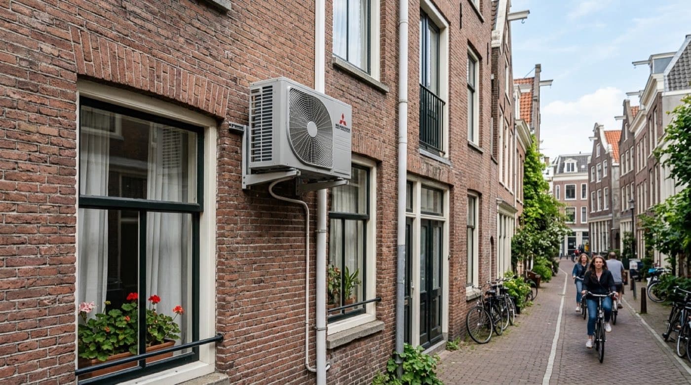 Airco-buitenunit aan de gevel van een woning in Den Bosch