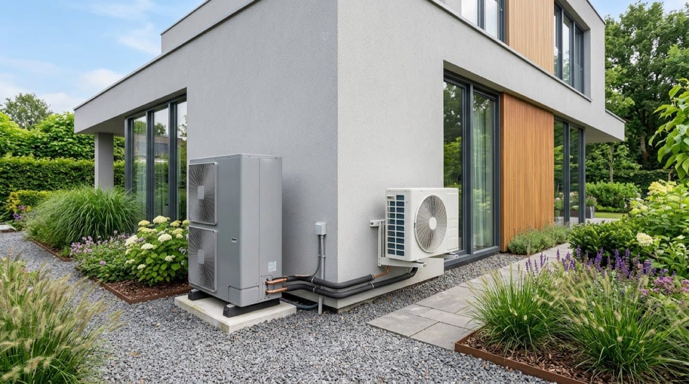 Airco-buitenunit en een warmtepomp naast een woning